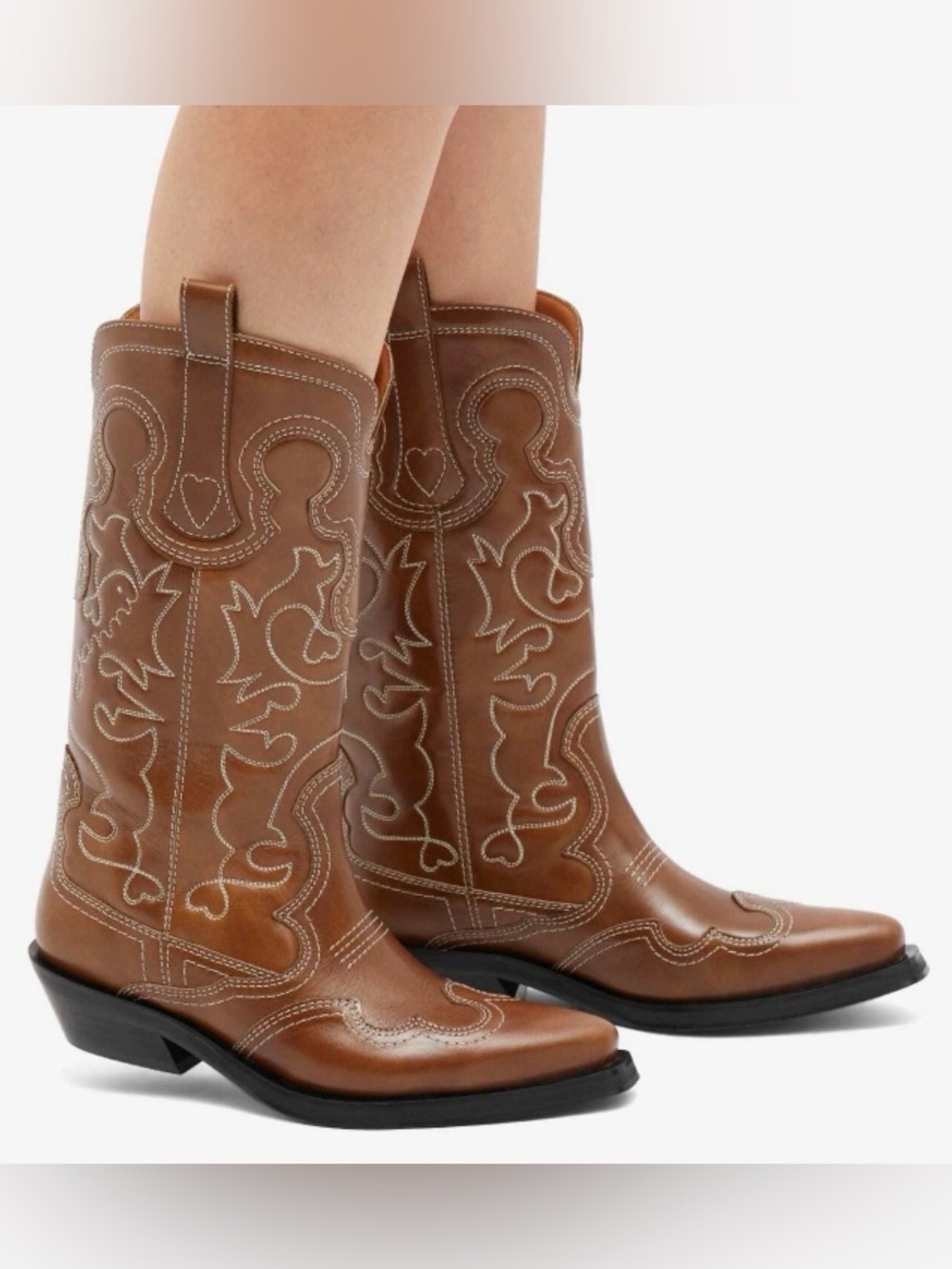 Ganni Brown Embroidered Leather Western Heeled Boots $800